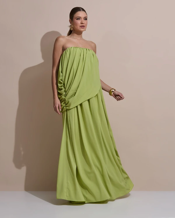 Vestido de Festa Longo Tomara Que Caia Crepe Chiffon Drapeado Verde Garden