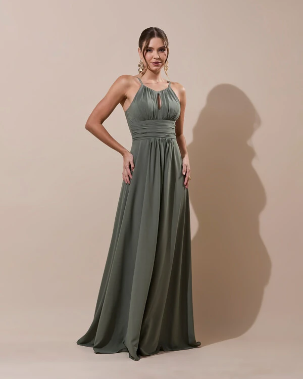 Vestido de Festa Longo Crepe Chiffon Drapeado com Alças e Saia Fluida Verde Oliva