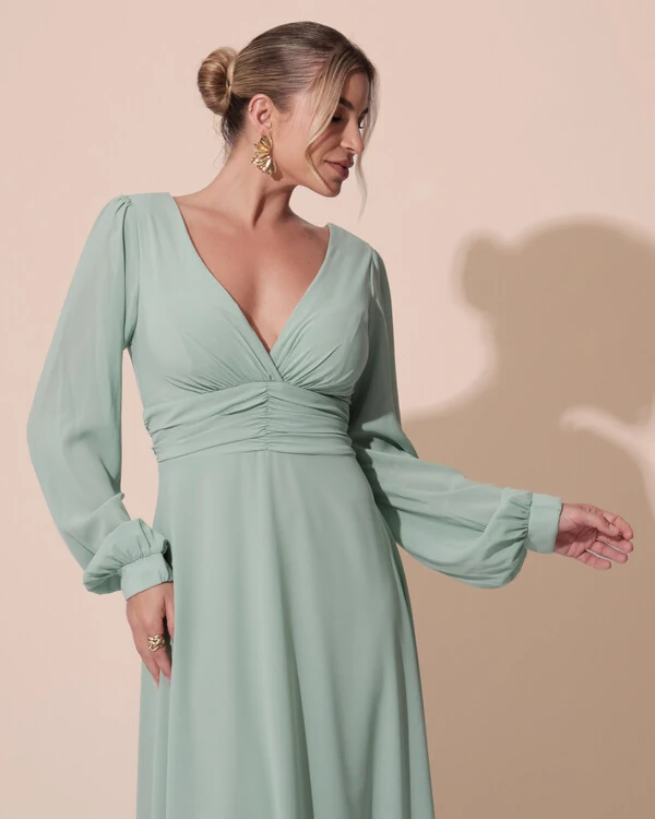 Vestido de Festa Manga Longa com Cintura Drapeada Decote Verde Menta