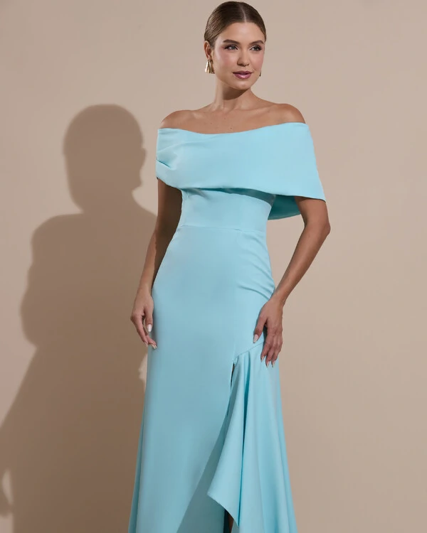Vestido de Festa Longo Alfaiataria Ombro a Ombro com Babado Cascata Tiffany
