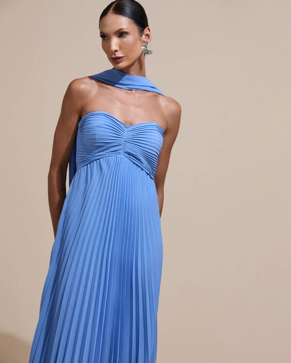 Vestido de Festa Longo Tomara que Caia Plissado com Lenço Azul Atlantis