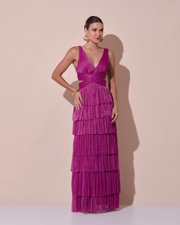 Vestido De Festa Longo Decote V Tule Brilho Recortes Camadas Fúcsia