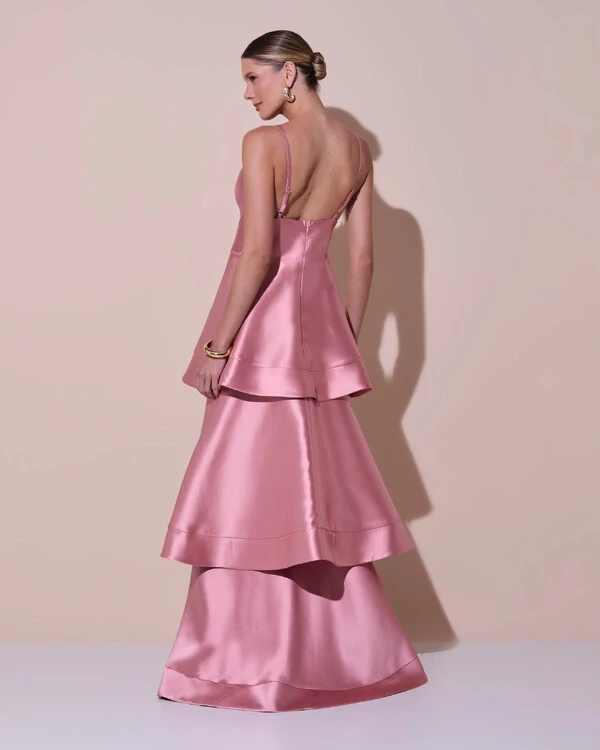 Vestido de Festa Longo Zibeline em Camadas Decote em V com Alças Rose