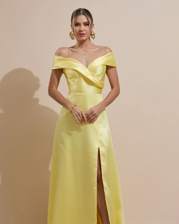 Vestido de Festa Longo Zibeline Ombro a Ombro com Fenda Amarelo Manteiga
