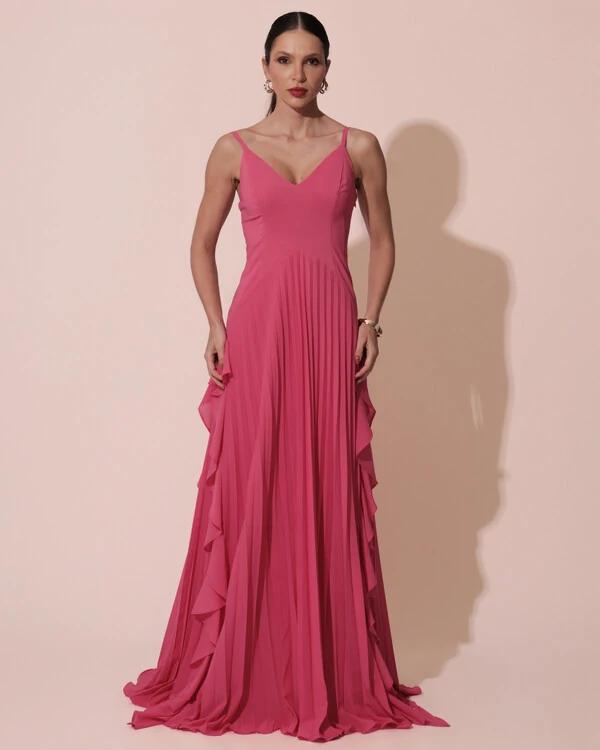 Vestido de Festa Longo Crepe Chiffon Alça Fina Saia Plissada com Babado Cascata Pink