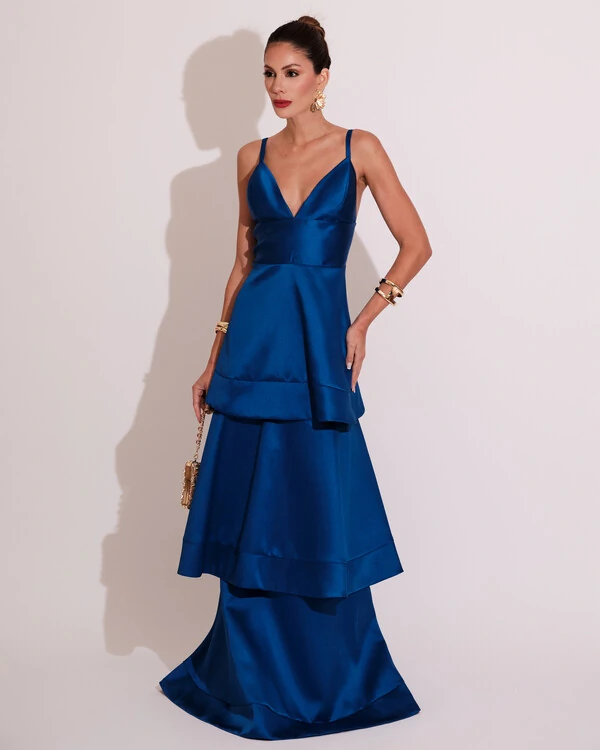 Vestido de Festa Longo Zibeline em Camadas Decote em V com Alças Azul Royal