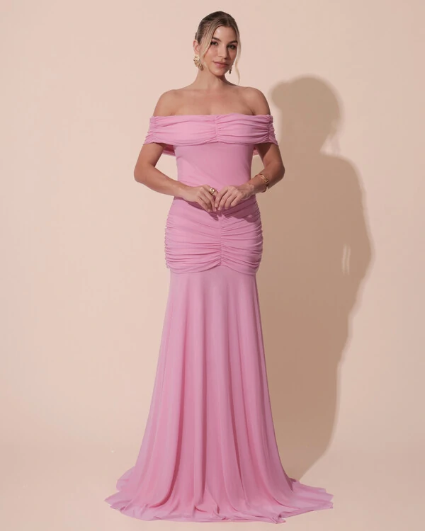 Vestido de Festa Longo Tule Ombro a Ombro Drapeado com Saia Fluida Rosa