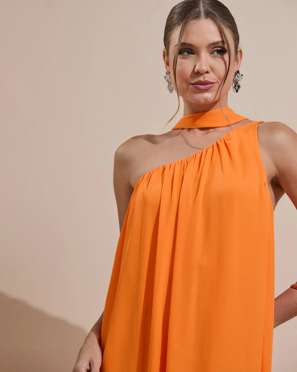 Vestido de Festa Longo Crepe Fluido um Ombro Só com Lenço Laranja