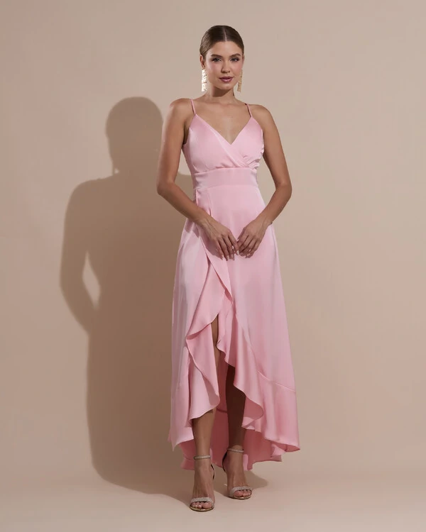 Vestido Midi Babado Acetinado Rose