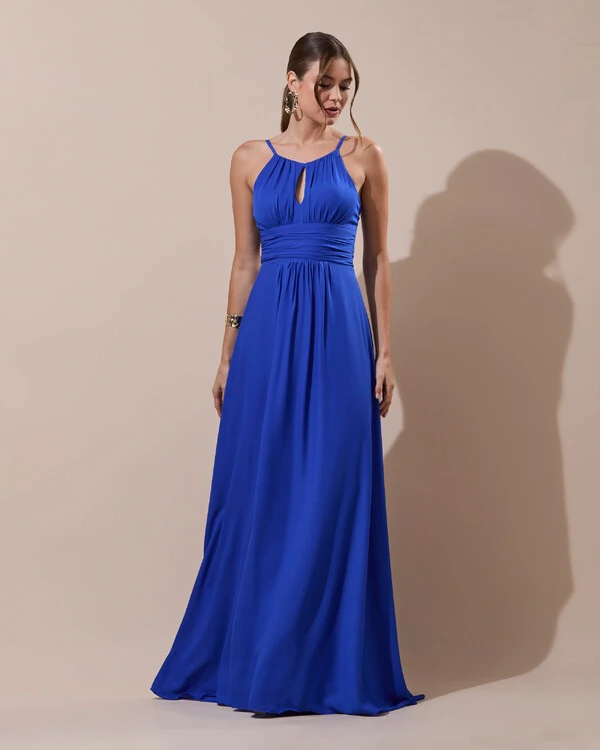Vestido de Festa Longo Crepe Chiffon Drapeado com Alças e Saia Fluida Azul Royal