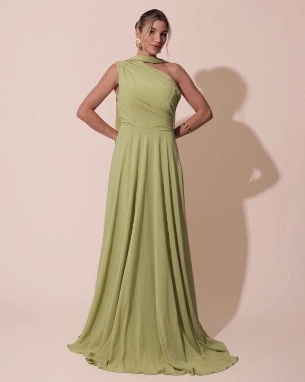 Vestido de Festa Longo Crepe Chiffon Um Ombro Só Drapeado com Lenço Verde Garden