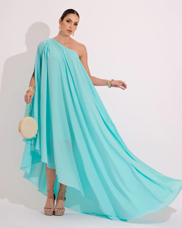 Vestido de Festa um Ombro com Capa Crepe Fluido Tiffany