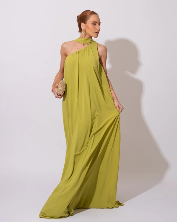Vestido de Festa Longo Crepe Fluido um Ombro Só com Lenço Verde Pistache