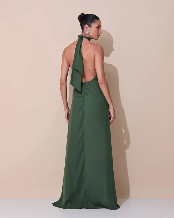 Vestido de Festa Longo Frente Única Busto Blousê Crepe Chiffon Drapeado Verde Escuro