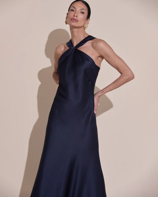 Vestido de Festa Midi Frente Única Cetim Azul Marinho