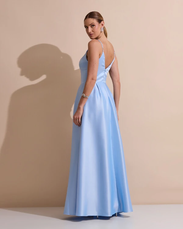 Vestido de Festa Longo Alça Fina Decote V Cetim Saia Evasê Serenity
