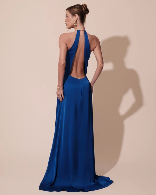 Vestido de Festa Longo Cetim Fluido com Argola Frente Única Azul Royal