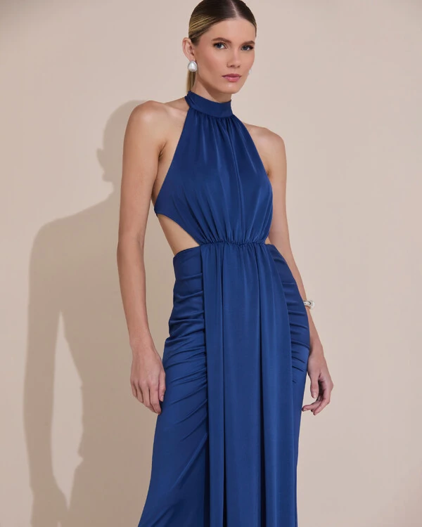 Vestido de Festa Longo Malha Jersey Gola Alta Saia Sereia Azul Marinho