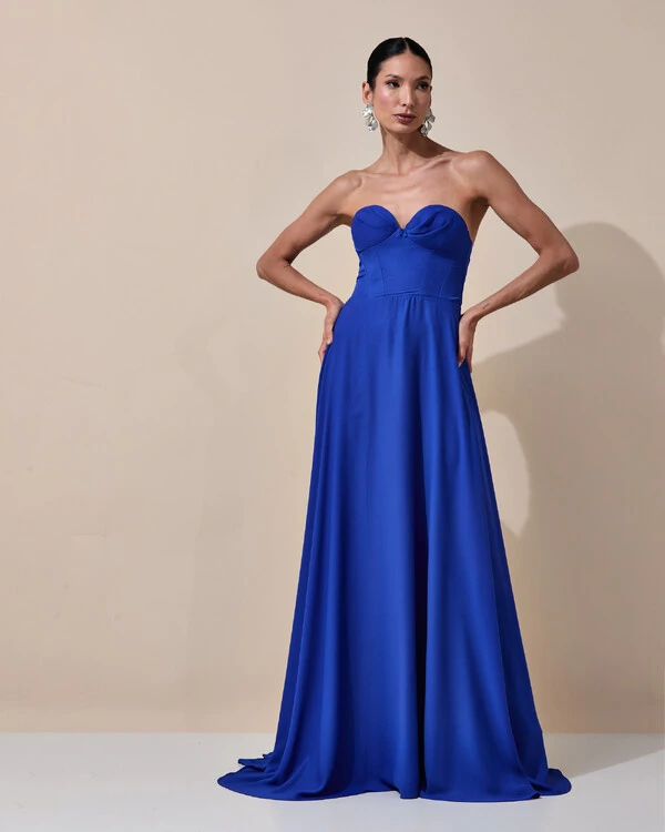 Vestido de Festa Longo Tomara que Caia Crepe Chiffon Decote Coração Lenço Azul Royal
