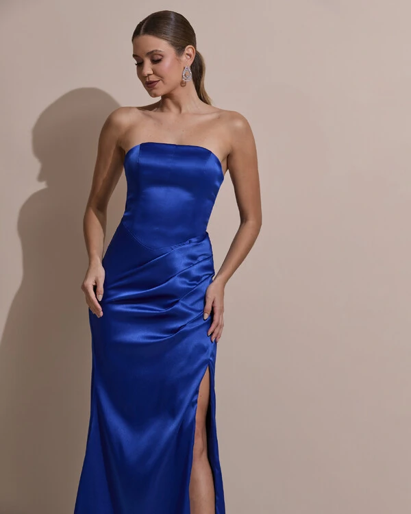 Vestido De Festa Longo Tomara Que Caia Drapeado Cetim Alfaiataria Trançado Costas Azul Royal