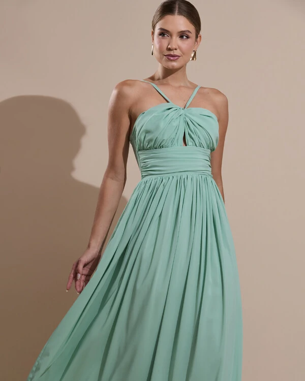 Vestido de Festa Longo Crepe Chiffon Drapeado com Alças Finas Verde Menta