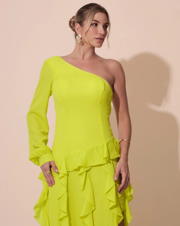 Vestido de Festa Longo Crepe Um Ombro Só Manga Longa e Babados Cascata Fenda Verde Lima