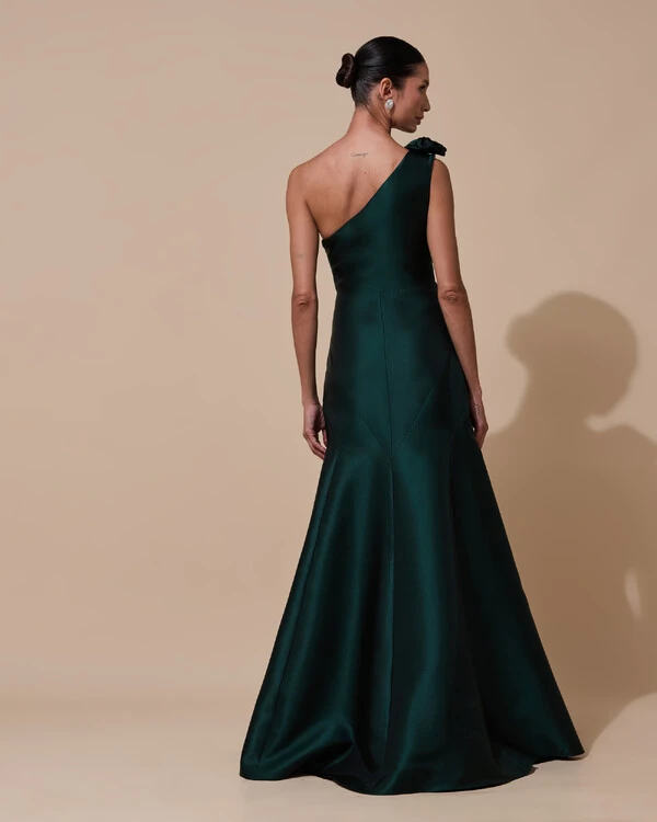 Vestido de Festa Longo Zibeline um Ombro Só Flor Removível Saia Sereia Verde Escuro