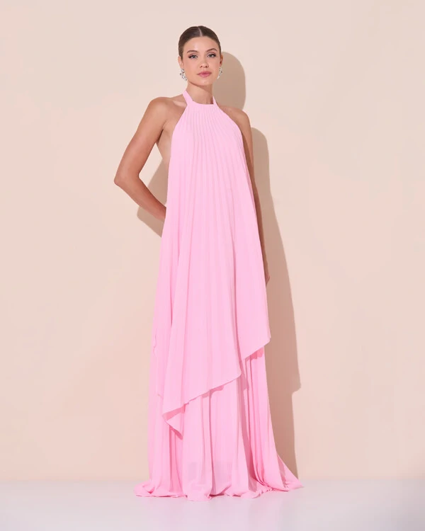 Vestidos de Festa Longo Chiffon Fluido Frente Única Plissado Duplo Rosa Claro