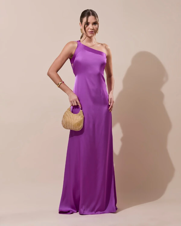 Vestido de Festa Longo Cetim Fluido Um Ombro Só Amarração Costas Fúcsia