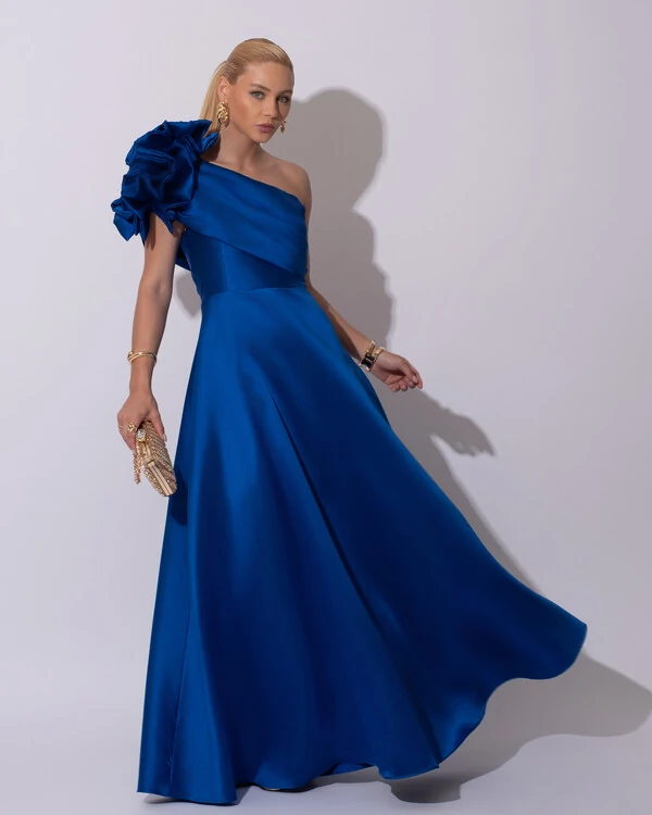 Vestido de Festa Longo Zibeline um Ombro Só Flor Drapeado Azul Royal