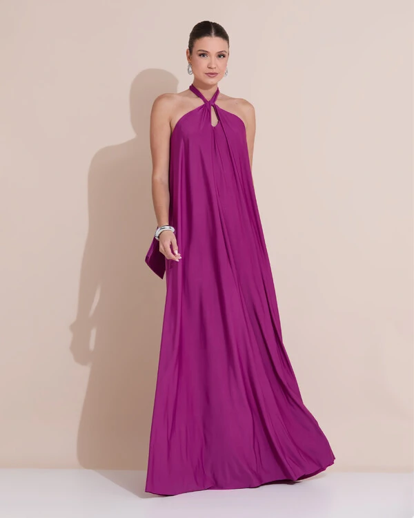 Vestido Longo com Amarração em Malha Fúcsia