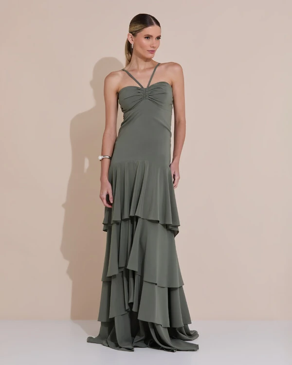 Vestido Longo Crepe com Babado em Camadas Verde Oliva