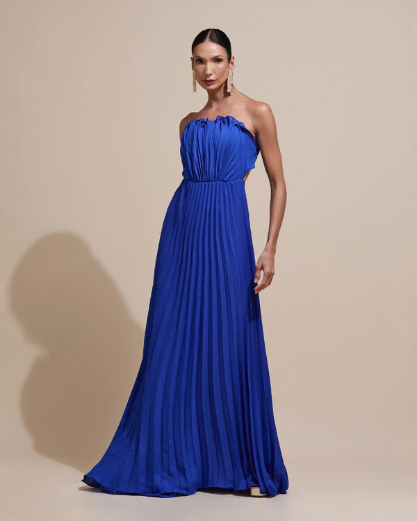 Vestido de Festa Longo Tomara que Caia Plissado Detalhe Azul Royal
