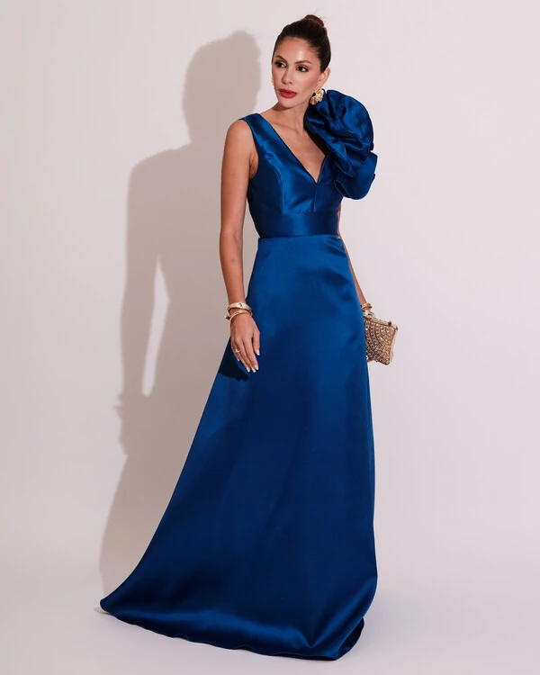 Vestido de Festa longo Zibeline Flor Azul Royal