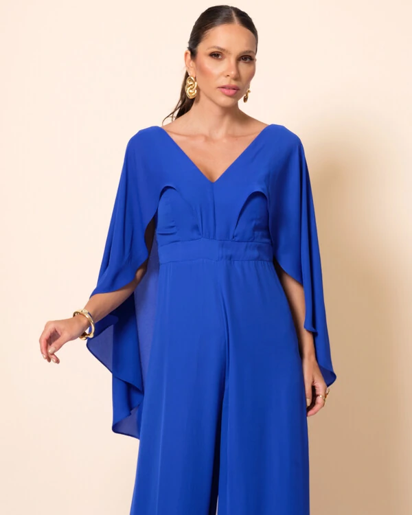 Macacão de Festa Longo Crepe Chiffon com Capa Azul Royal