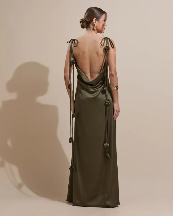 Vestido de Festa Longo Decote Degagê Costas Cetim Flores 3D Alças Verde Oliva