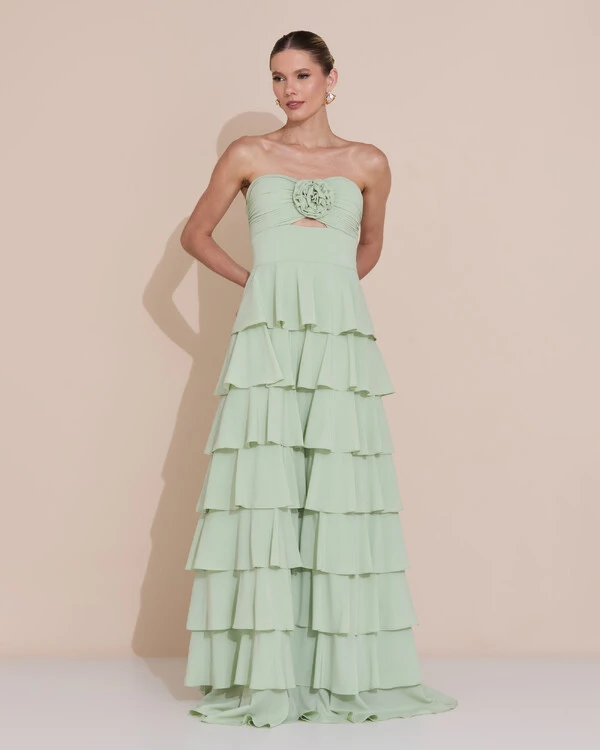 Vestido de Festa Longo Crepe Chiffon Tomara que Caia Plissado Flor Camadas Verde Menta New