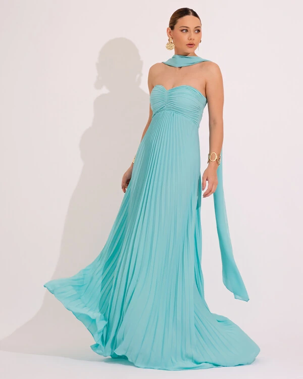 Vestido de Festa Longo Tomara que Caia Plissado com Lenço Verde Tiffany