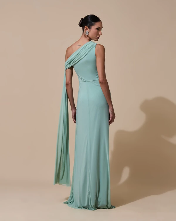 Vestido de Festa Longo Um Ombro Só Tule Faixa Drapeada Lenço Verde Menta