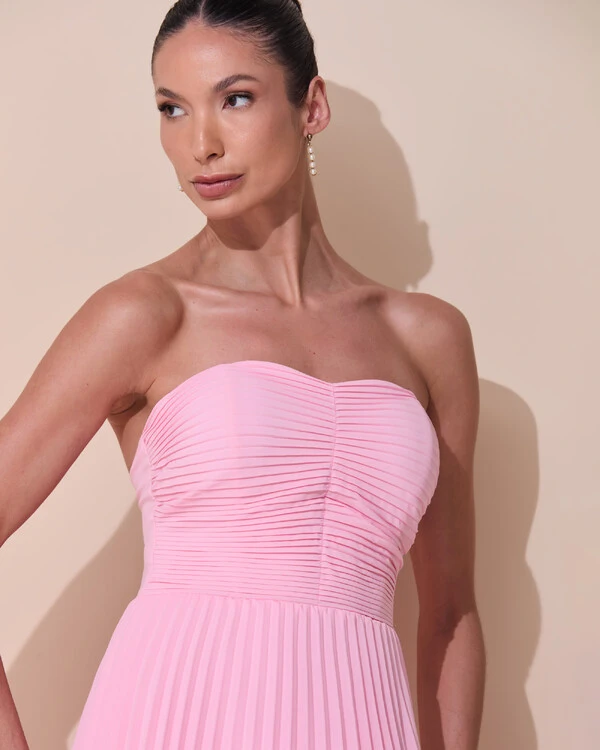 Vestido de Festa Longo Tomara que Caia Crepe Chiffon Plissado Camadas Rosa Claro