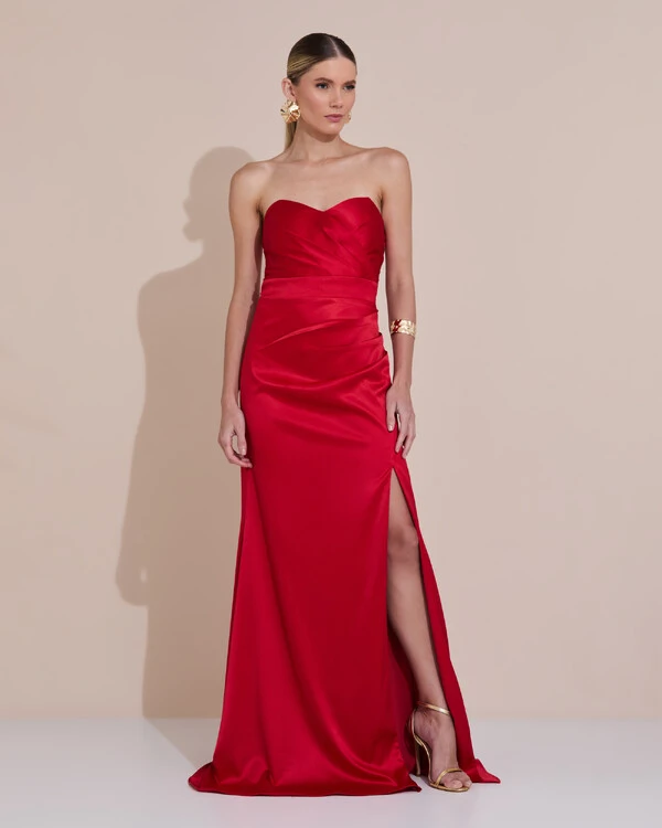 Vestido de Festa Longo Cetim Alfaiataria Tomara que Caia Fenda Vermelho Escuro