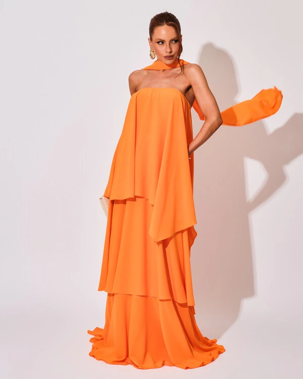 Vestido de Festa Longo Chiffon Crepe em Camadas com Lenço Laranja