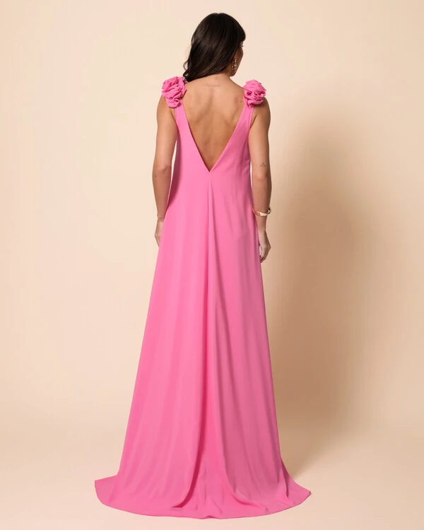 Vestido de Festa Longo Crepe Chiffon Fluido Decote em V Flores Rosa