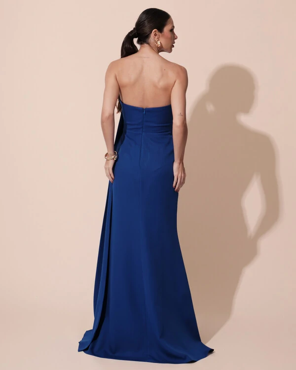 Vestido de Festa Longo Alfaiataria Tomara que Caia Drapeado Faixa Azul Royal