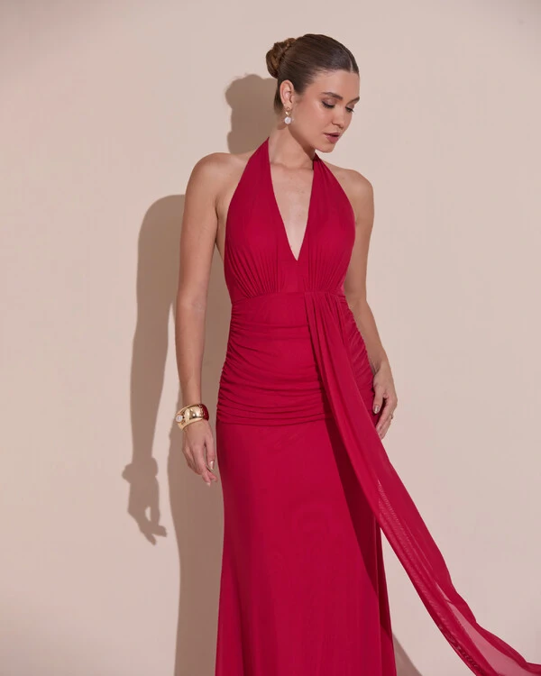 Vestido de Festa Longo Frente Única Decote V Tule Drapeado Faixa Cereja