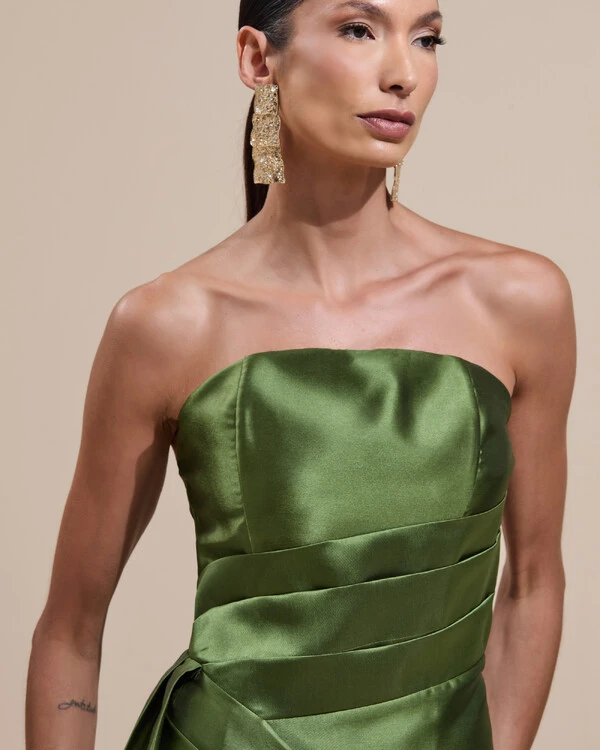 Vestido de Festa Longo Tomara que Caia Zibeline Drapeado e Faixa Verde Oliva New