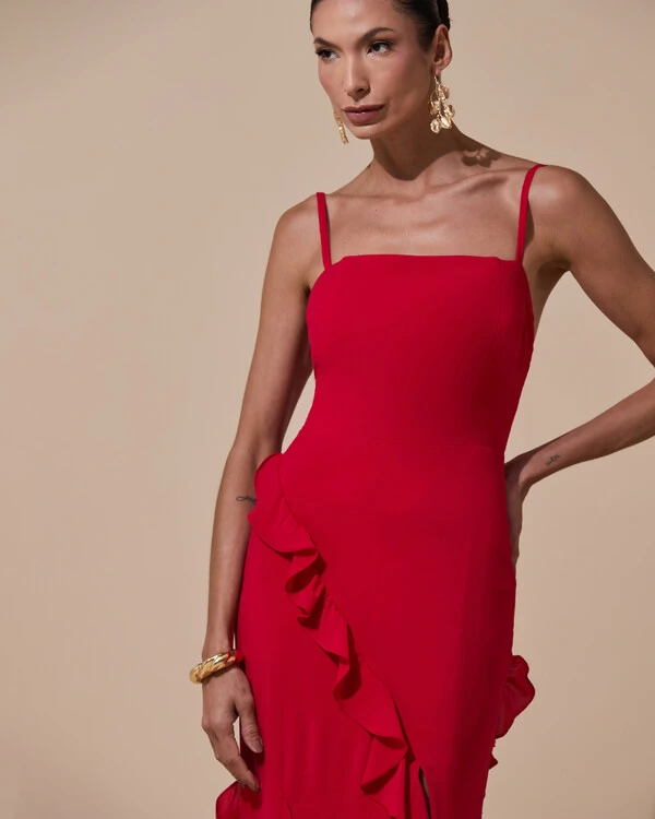 Vestido de Festa Longo Alças Finas Crepe Chiffon Babado Cascata Fenda Costas V Vermelho
