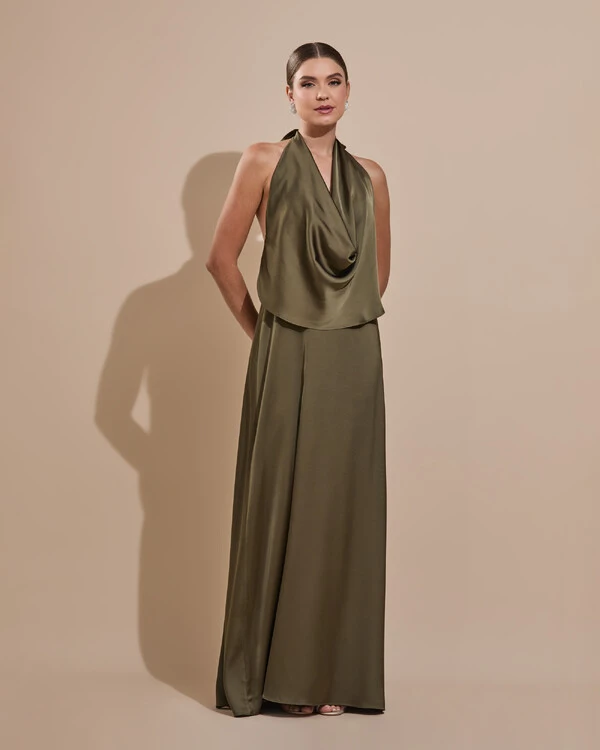 Vestido de Festa Longo Cetim Fluido Frente Única Degagê Mil Formas Verde Oliva