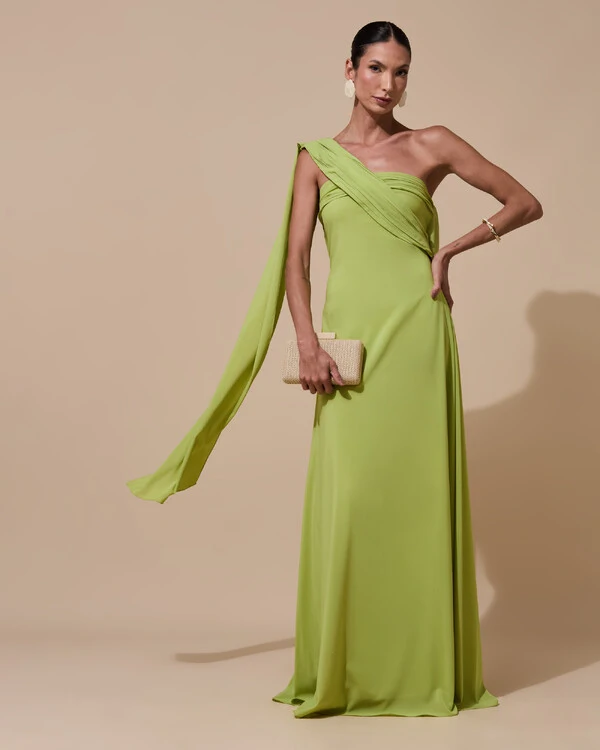 Vestido de Festa Longo Tomara que Caia Crepe Chiffon Lenço Drapeado Costas Trançada Verde Garden