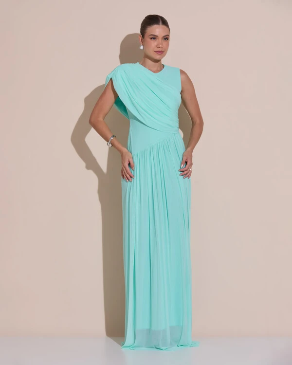 Vestido de Festa Longo Capa Drapeado Tule Saia Fluida Tiffany